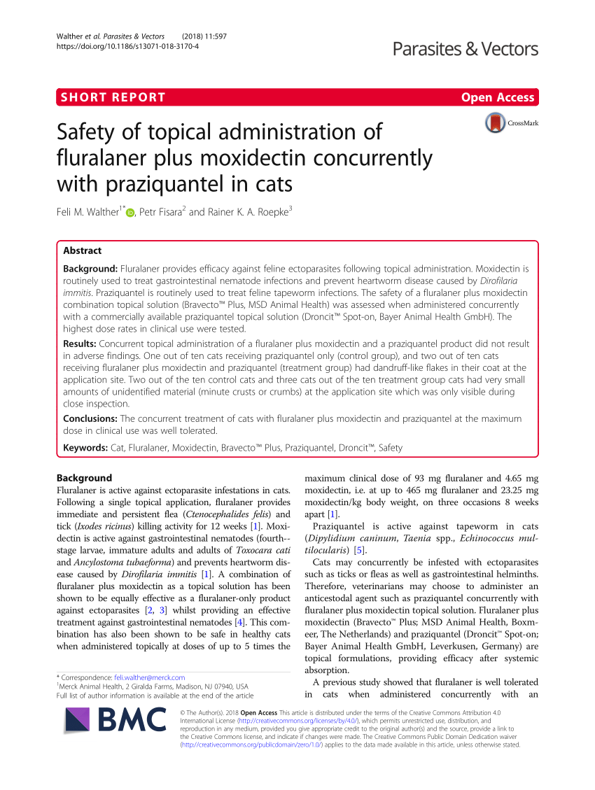 Pdf Safety Of Topical Administration Of Fluralaner Plus Moxidectin Concurrently With Praziquantel In Cats