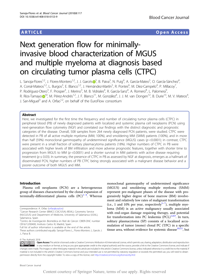 Pdf Next Generation Flow For Minimally Invasive Blood Characterization Of Mgus And Multiple Myeloma At Diagnosis Based On Circulating Tumor Plasma Cells Ctpc