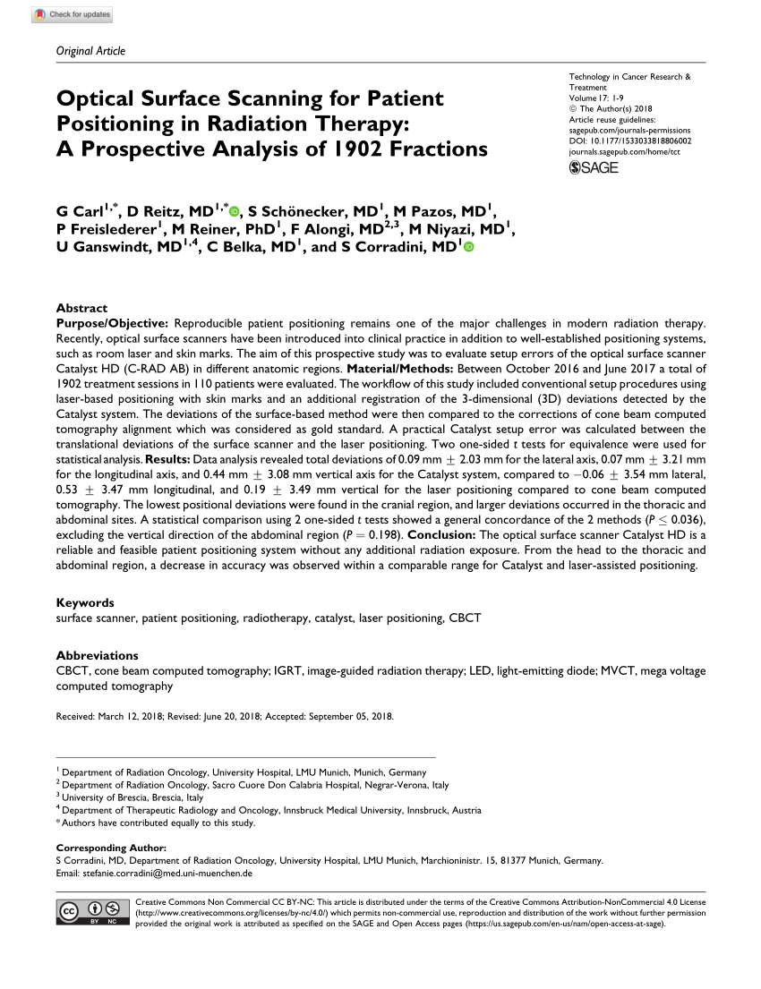 Pdf Optical Surface Scanning For Patient Positioning In Radiation Therapy A Prospective Analysis Of 1902 Fractions
