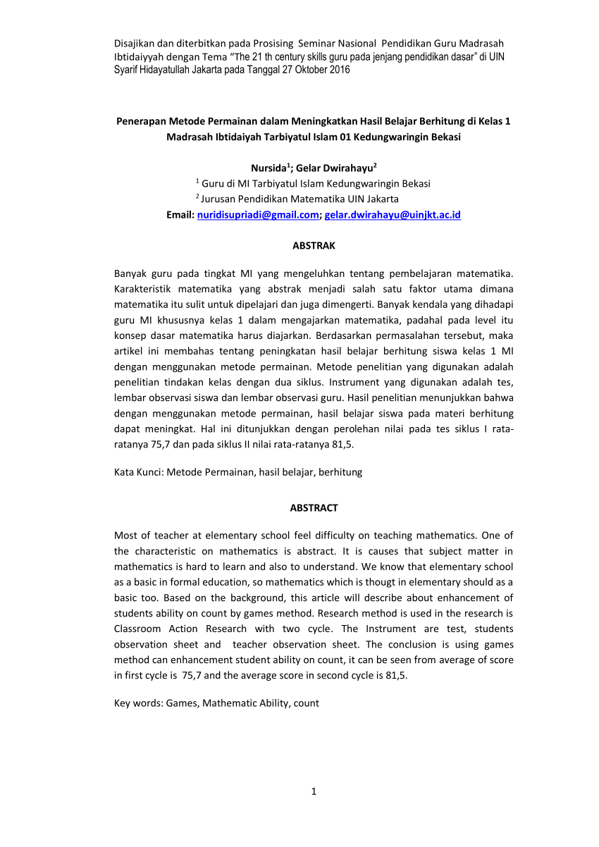 Pdf Penerapan Metode Permainan Dalam Meningkatkan Hasil Belajar Berhitung Di Kelas 1 Madrasah Ibtidaiyah Tarbiyatul Islam 01 Kedungwaringin Bekasi