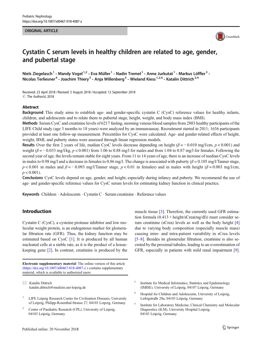 Pdf Cystatin C Serum Levels In Healthy Children Are Related To Age Gender And Pubertal Stage