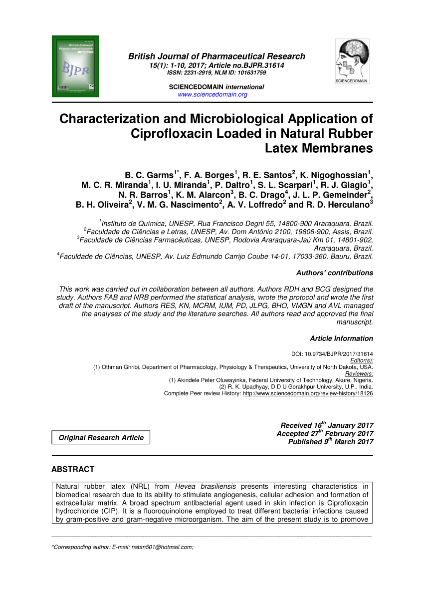 Pdf Characterization And Microbiological Application Of Ciprofloxacin Loaded In Natural Rubber Latex Membranes