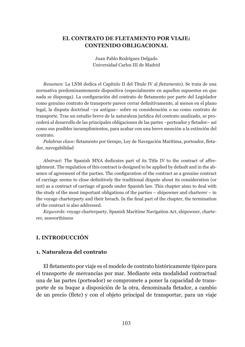 PDF) El contrato de fletamento por viaje: contenido obligacional