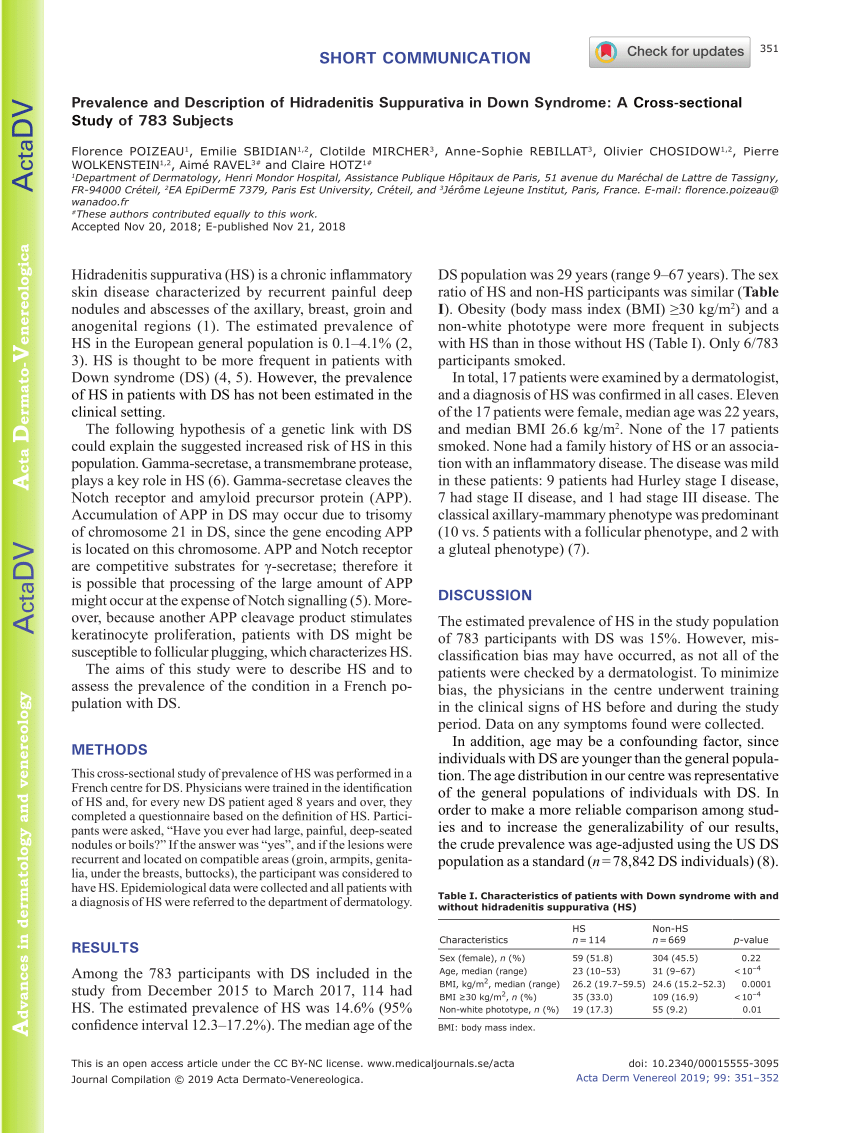 (PDF) Prevalence and Description of Hidradenitis Suppurativa in Down ...