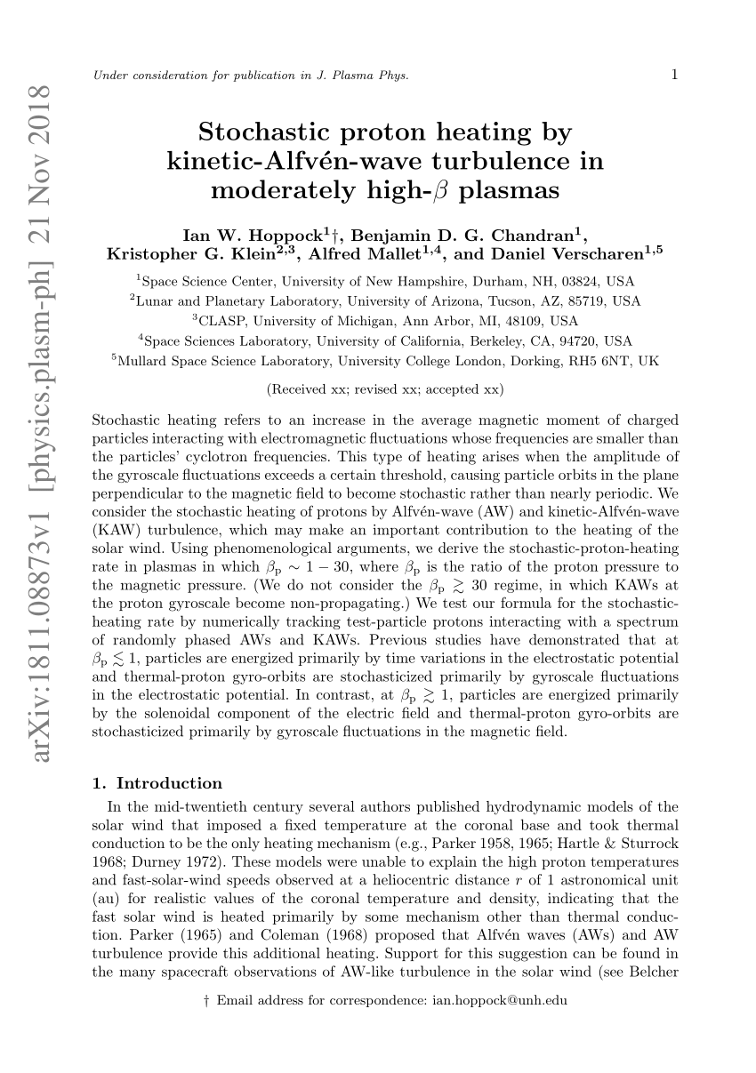 Pdf Stochastic Proton Heating By Kinetic Alfv En Wave Turbulence In Moderately High Beta Plasmas