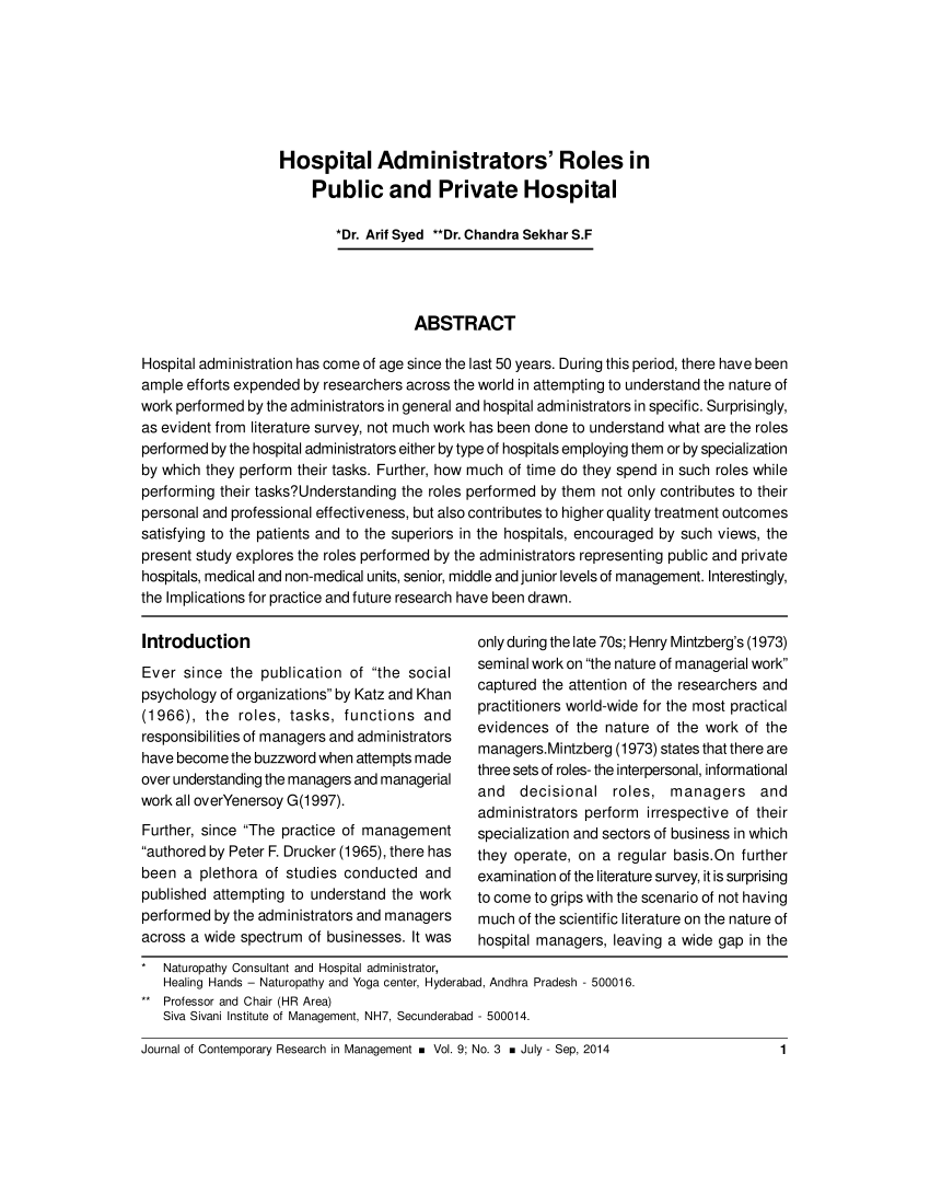 Pdf) Hospital Administrators' Roles In Public And Private Hospital