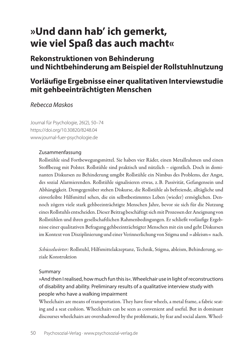 Pdf Und Dann Hab Ich Gemerkt Wie Viel Spass Das Auch Macht Rekonstruktionen Von Behinderung Und Nichtbehinderung Am Beispiel Der Rollstuhlnutzung Vorlaufige Ergebnisse Einer Qualitativen Interviewstudie Mit Gehbeeintrachtigten Menschen