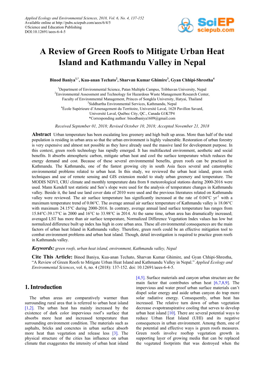 Pdf A Review Of Green Roofs To Mitigate Urban Heat Island And Kathmandu Valley In Nepal