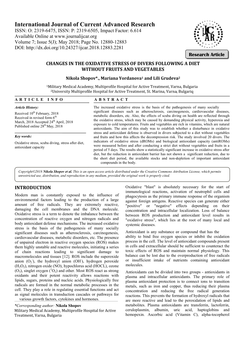 Pdf Changes In The Oxidative Stress Of Divers Following A Diet Without Fruits And Vegetables