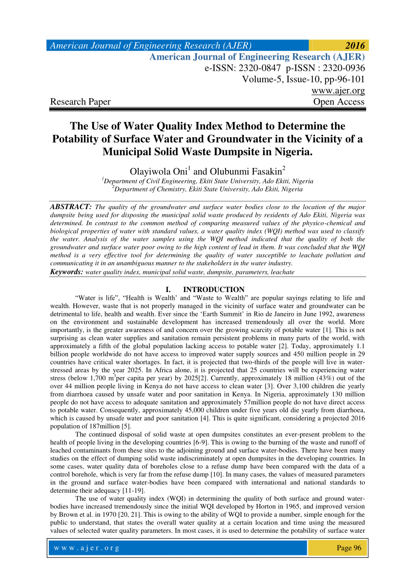 Pdf The Use Of Water Quality Index Method To Determine The Potability Of Surface Water And Groundwater In The Vicinity Of A Municipal Solid Waste Dumpsite In Nigeria