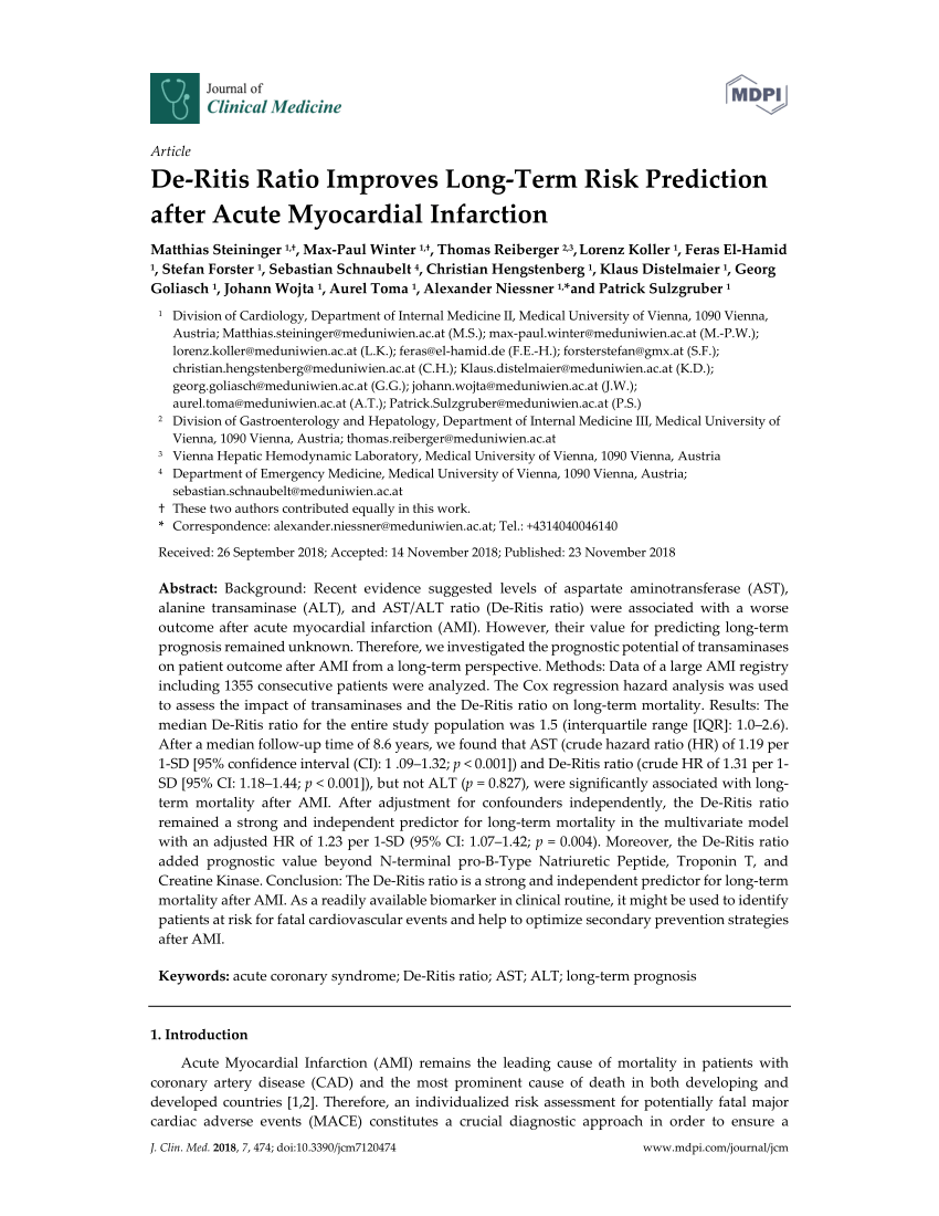 PDF De Ritis Ratio Improves Long Term Risk Prediction after Acute ...