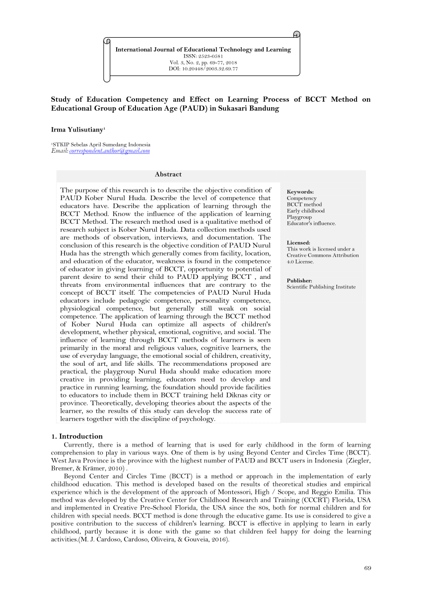 Pdf Study Of Education Competency And Effect On Learning Process Of Bcct Method On Educational Group Of Education Age Paud In Sukasari Bandung