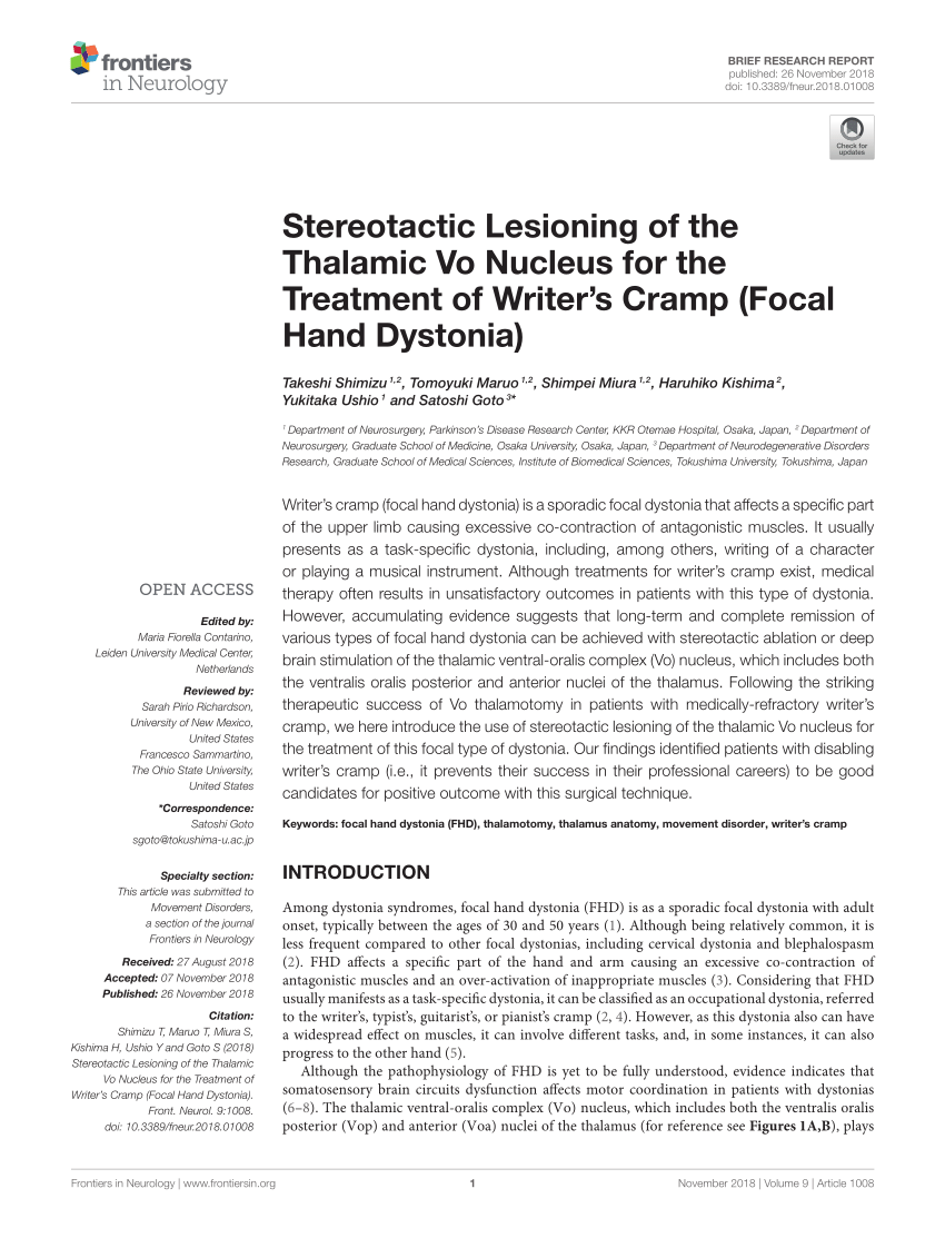 Pdf Stereotactic Lesioning Of The Thalamic Vo Nucleus For The Treatment Of Writers Cramp 4138