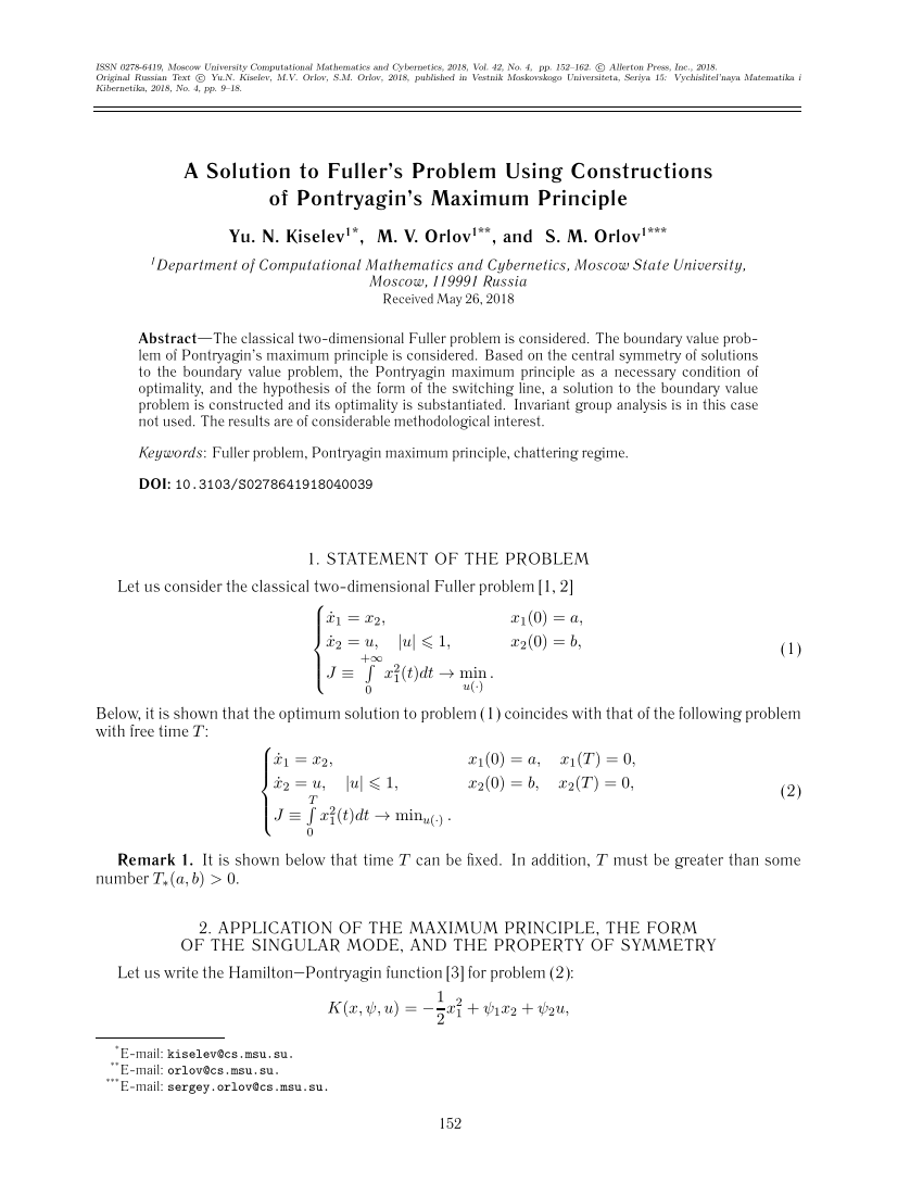 Pdf A Solution To Fuller S Problem Using Constructions Of Pontryagin S Maximum Principle