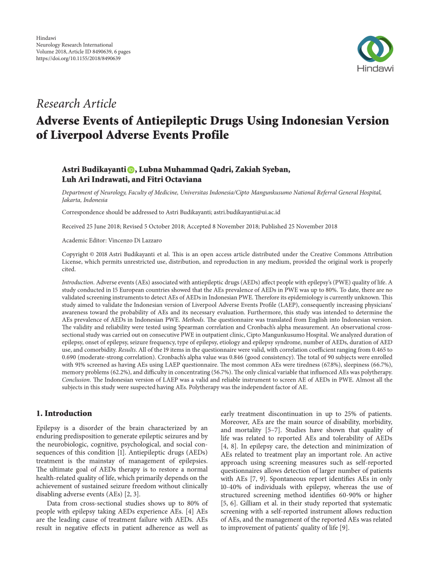 PDF) Adverse Events of Antiepileptic Drugs Using Indonesian Version of  Liverpool Adverse Events Profile