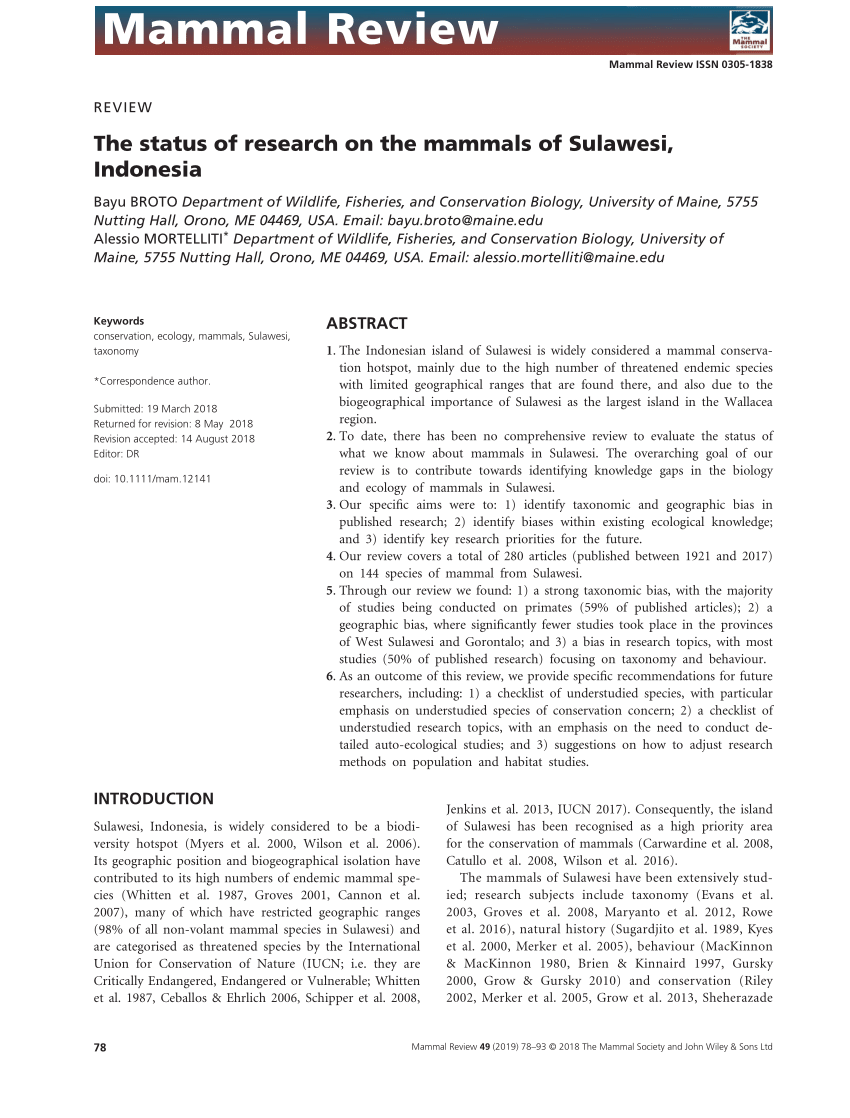 Pdf The Status Of Research On The Mammals Of Sulawesi Indonesia