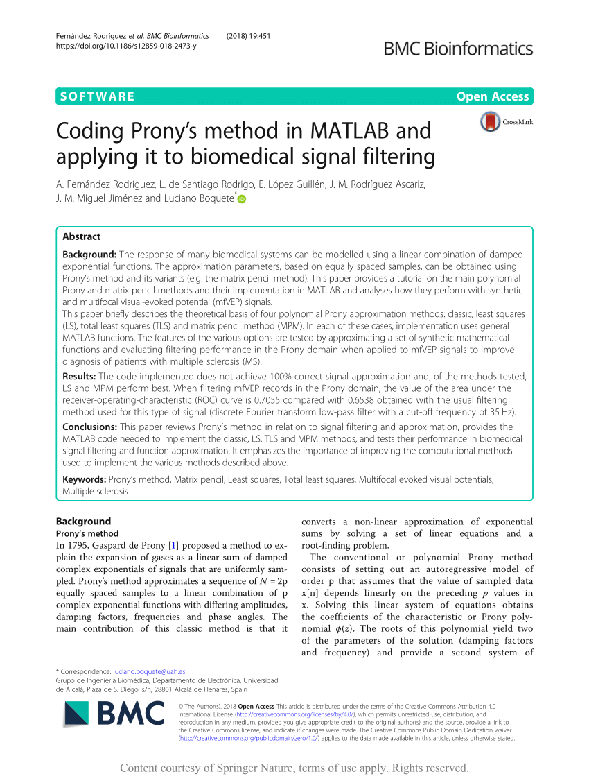 Pdf Coding Prony S Method In Matlab And Applying It To Biomedical Signal Filtering