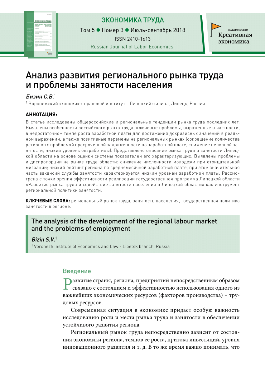 PDF) Анализ развития регионального рынка труда и проблемы занятости  населения