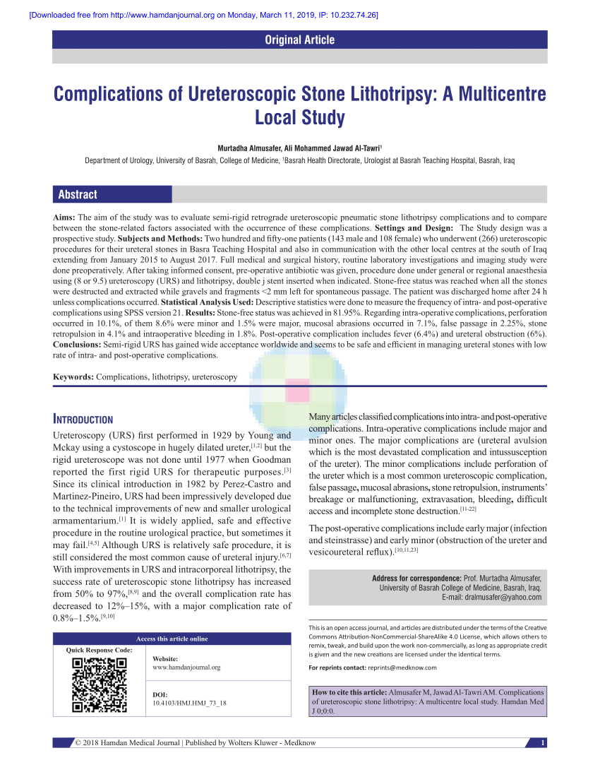 Pdf Complications Of Ureteroscopic Stone Lithotripsy A Multicentre Local Study