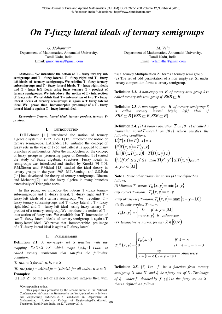 Pdf On T Fuzzy Lateral Ideals Of Ternary Semigroups