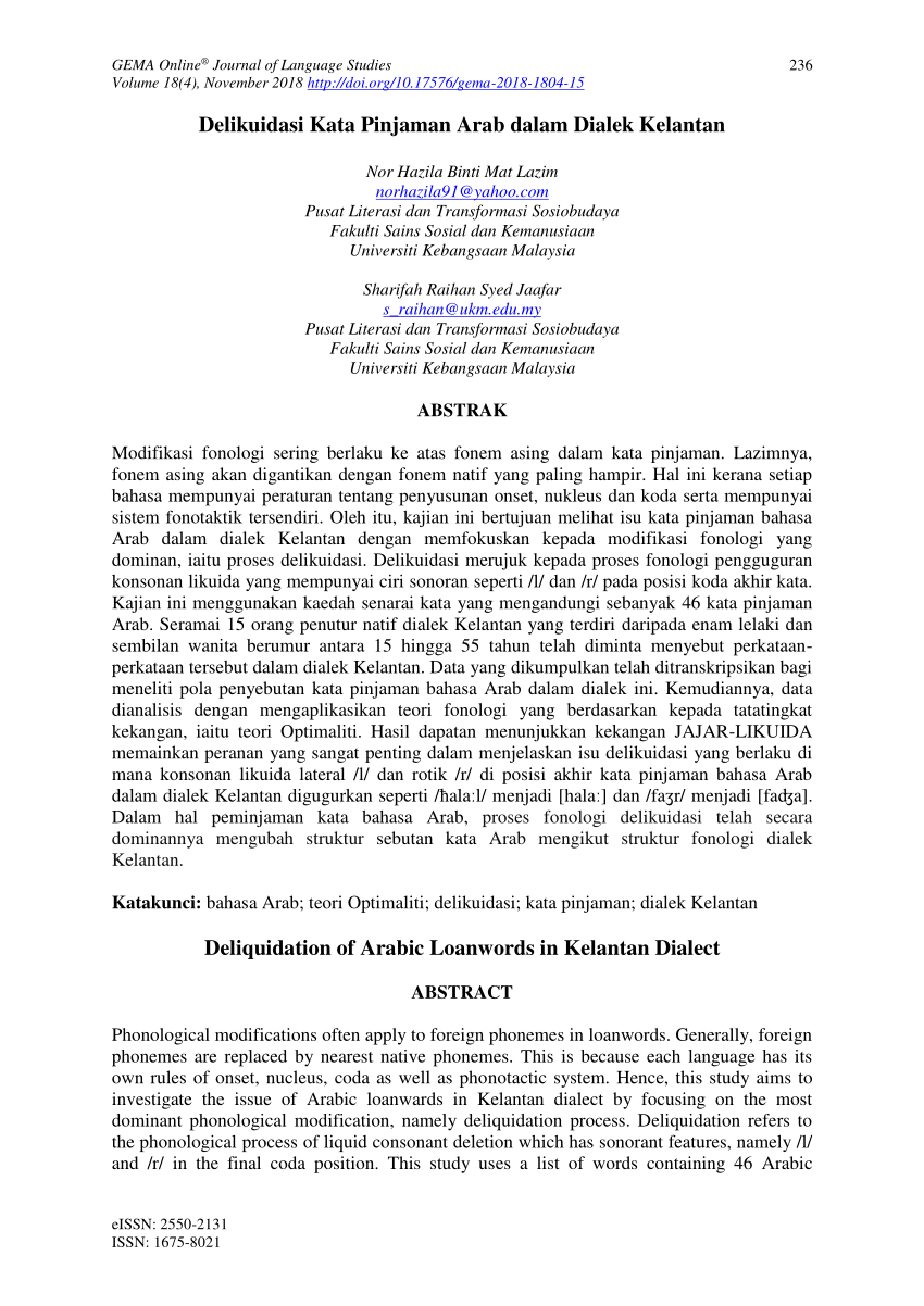 PDF) Delikuidasi Kata Pinjaman Arab dalam Dialek Kelantan 