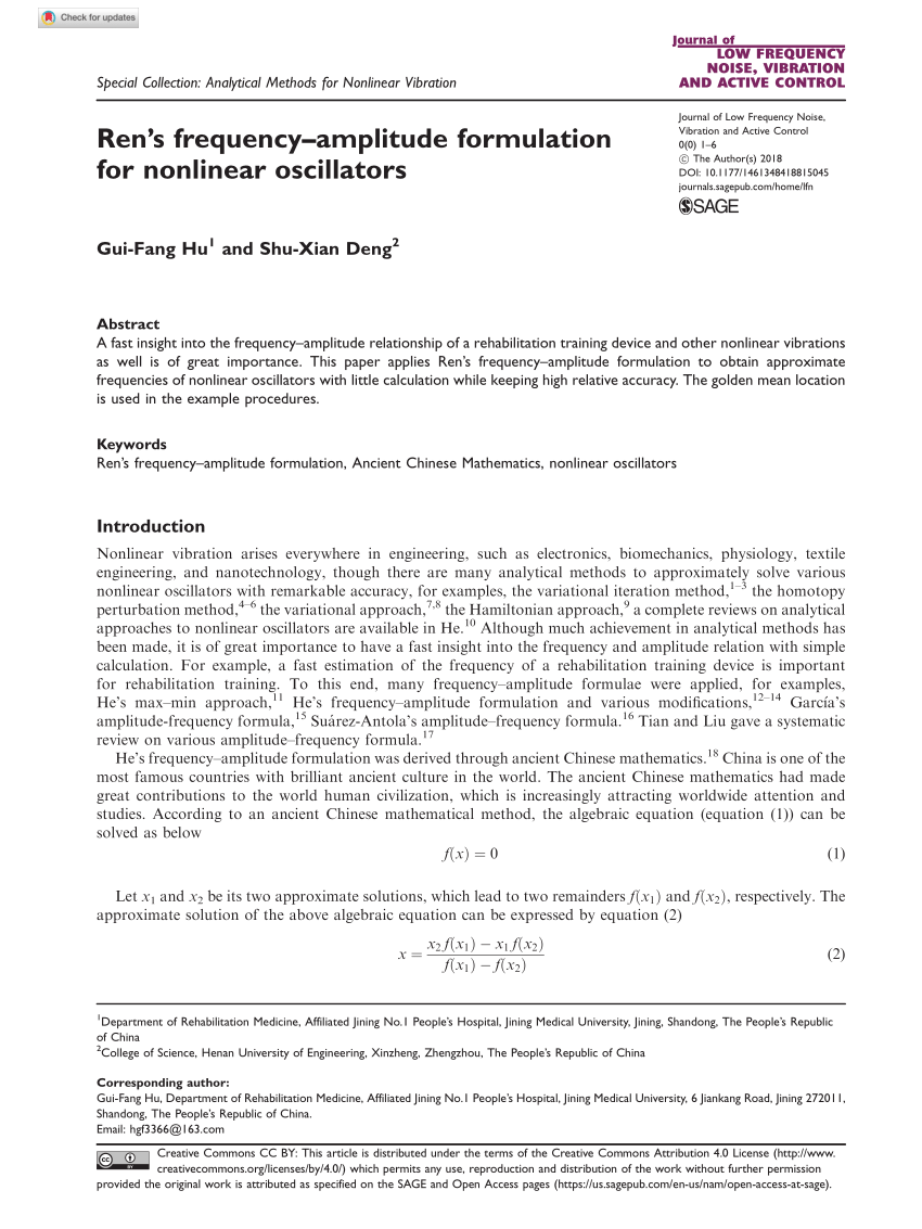 Pdf Ren S Frequency Amplitude Formulation For Nonlinear Oscillators