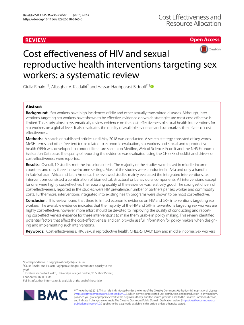 PDF) Cost effectiveness of HIV and sexual reproductive health interventions  targeting sex workers: A systematic review