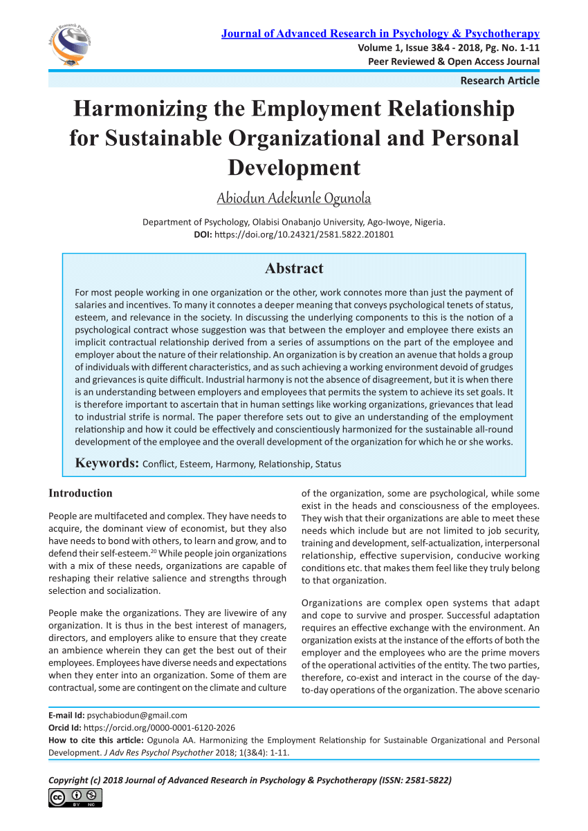 Pdf) Harmonizing The Employment Relationship For Sustainable Organizational And Personal Development