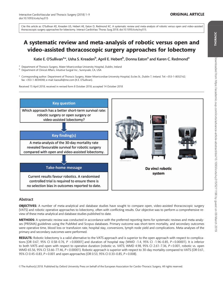 Pdf A Systematic Review And Meta Analysis Of Robotic Versus Open And Video Assisted Thoracoscopic Surgery Approaches For Lobectomy