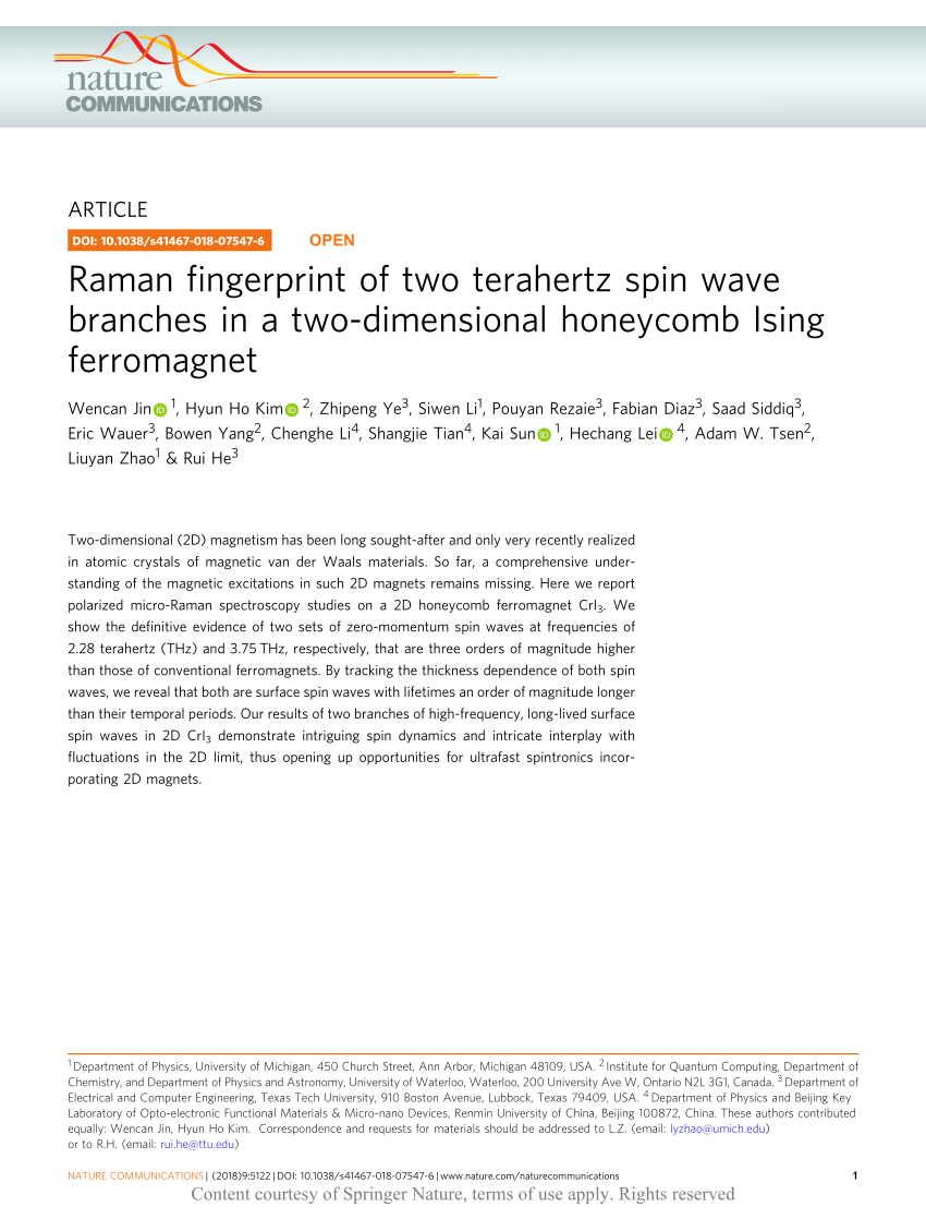 Pdf Raman Fingerprint Of Two Terahertz Spin Wave Branches In A Two Dimensional Honeycomb Ising Ferromagnet