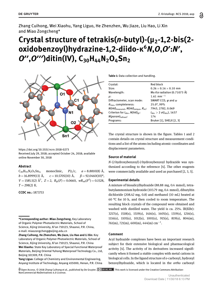 Pdf Crystal Structure Of Tetrakis N Butyl M2 1 2 Bis 2 Oxidobenzoyl Hydrazine 1 2 Diido K6n O O N O O Ditin Iv C30h44n2o4sn2