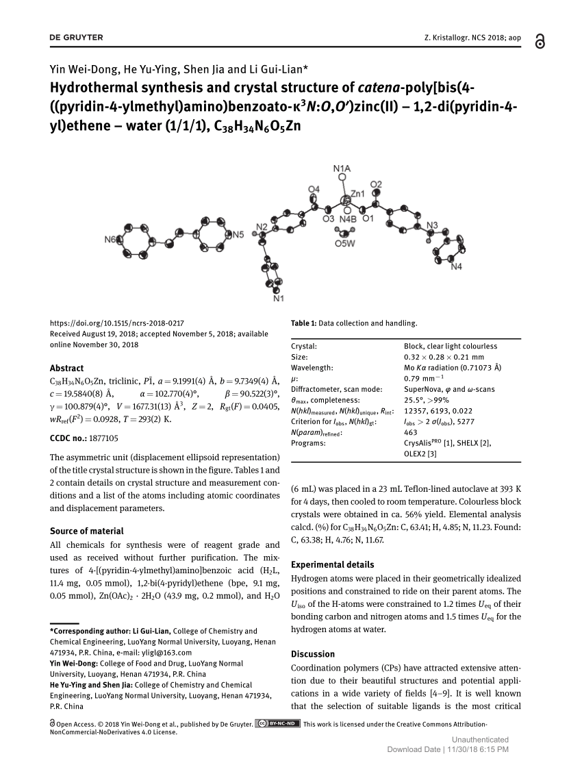 Pdf Hydrothermal Synthesis And Crystal Structure Of Catena Poly Bis 4 Pyridin 4 Ylmethyl Amino Benzoato K3n O O Zinc Ii 1 2 Di Pyridin 4 Yl Ethene Water 1 1 1 C38h34n6o5zn