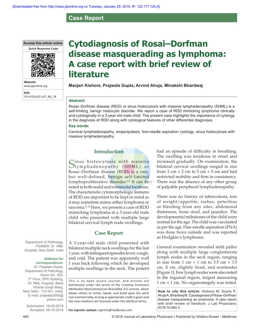 Pdf Cytodiagnosis Of Rosaidorfman Disease Masquerading As Lymphoma