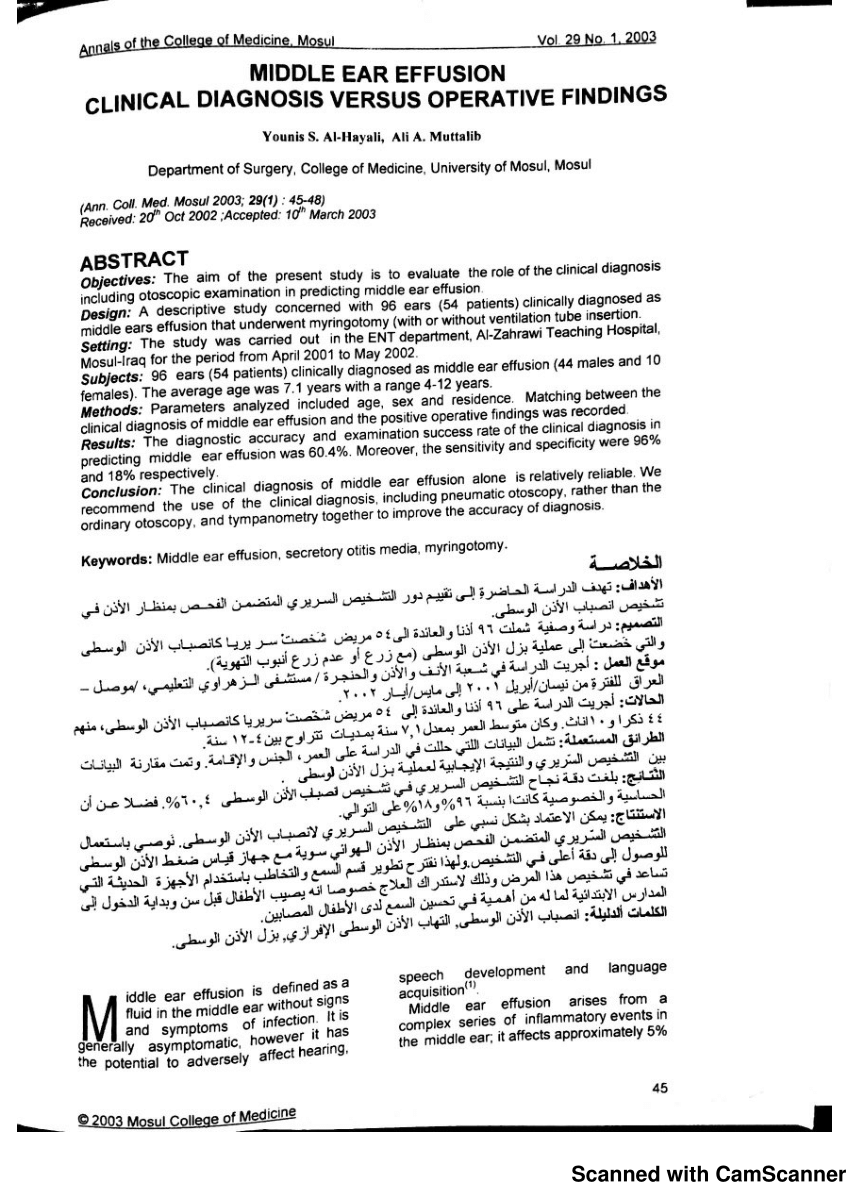 Pdf Middle Ear Effusion Clinical Diagnosis Versus Operative Findings 