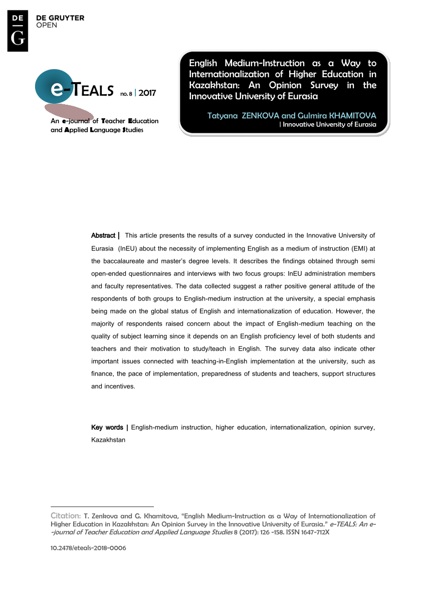 Pdf English Medium Instruction As A Way To Internationalization Of Higher Education In Kazakhstan An Opinion Survey In The Innovative University Of Eurasia