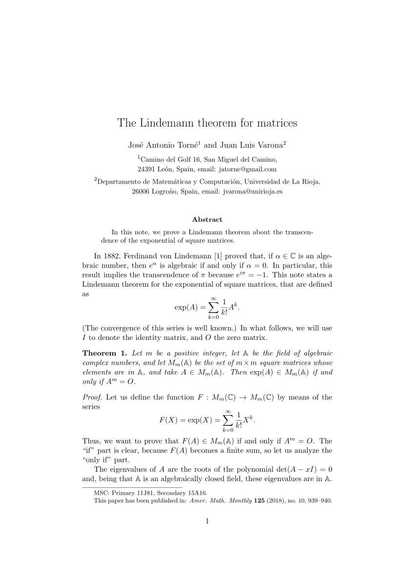 Pdf The Lindemann Theorem For Matrices