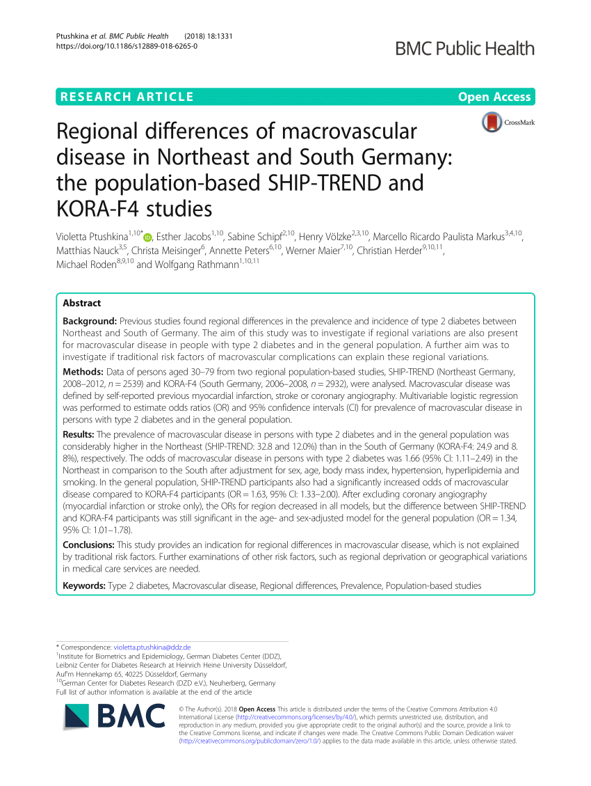 PDF) Regional differences of macrovascular disease in Northeast and South  Germany: The population-based SHIP-TREND and KORA-F4 studies