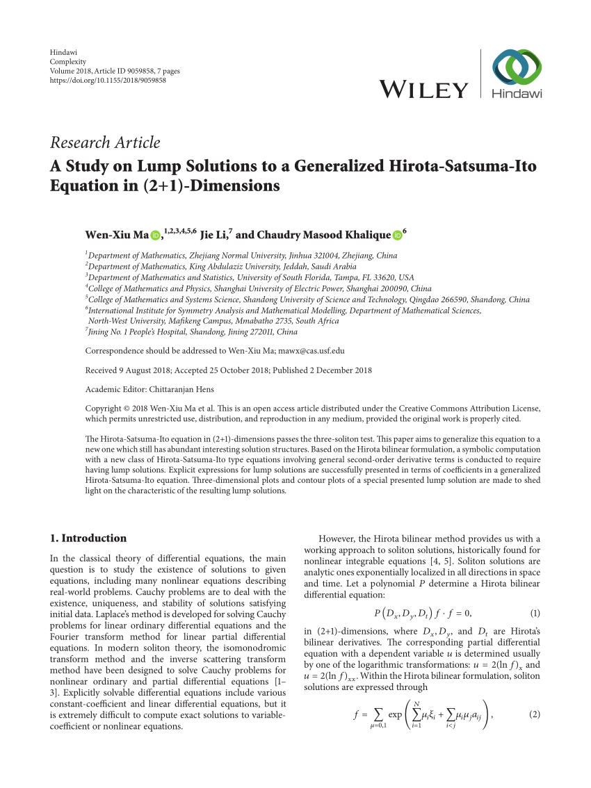 PDF) A Study on Lump Solutions to a Generalized Hirota-Satsuma-Ito 