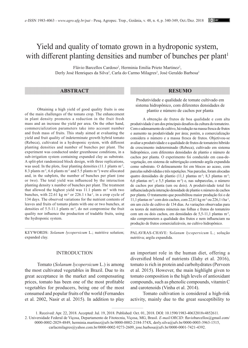 Pdf Yield And Quality Of Tomato Grown In A Hydroponic System With Different Planting Densities And Number Of Bunches Per Plan