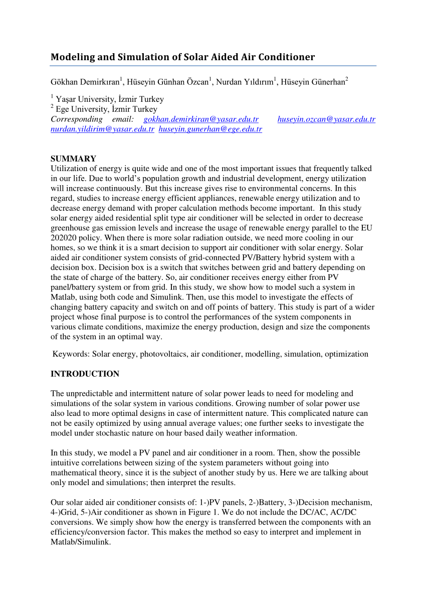 Pdf Modeling And Simulation Of Solar Aided Air Conditioner