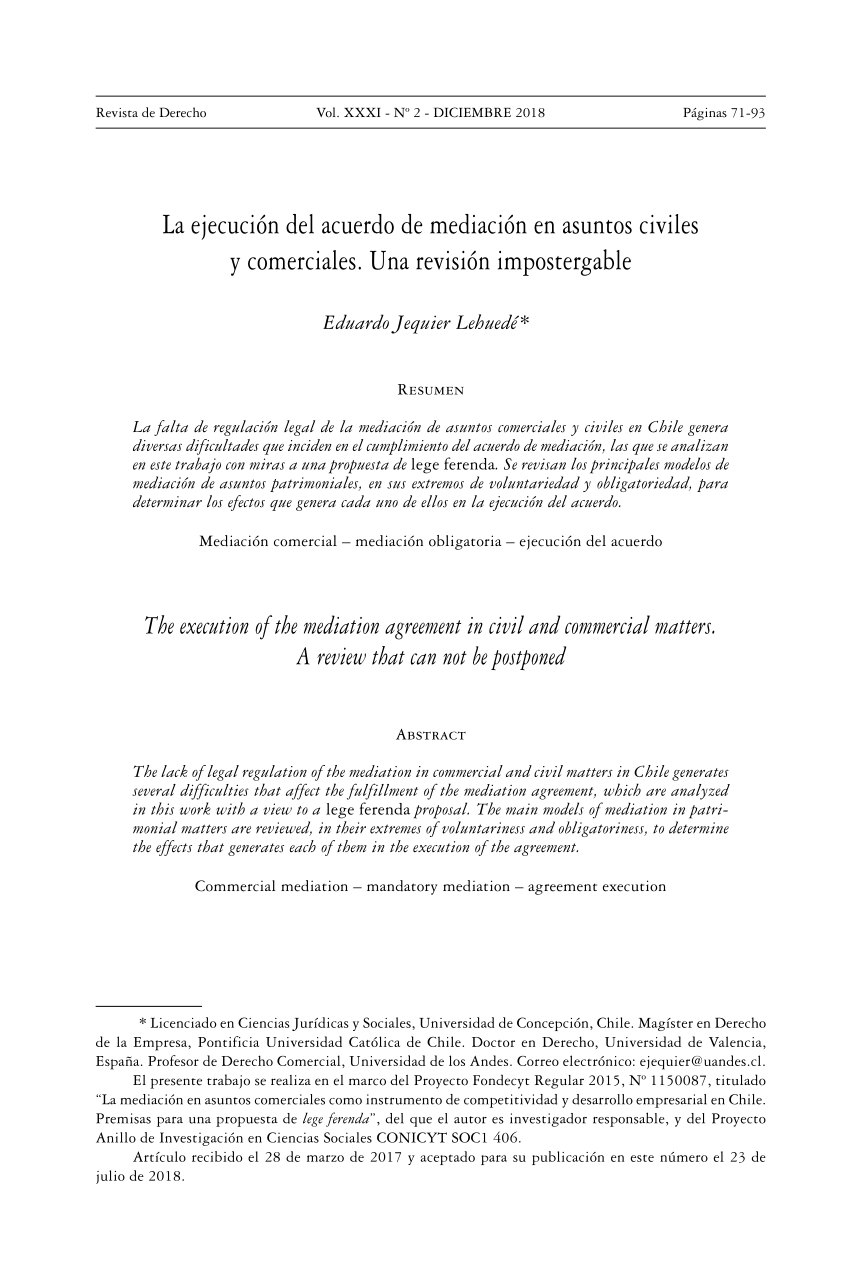 PDF) La ejecución del acuerdo de mediación en asuntos civiles y  comerciales. Una revisión impostergable