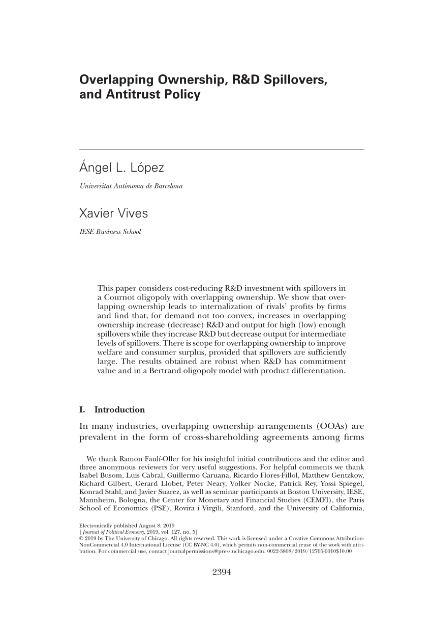 Pdf Overlapping Ownership R D Spillovers And Antitrust Policy