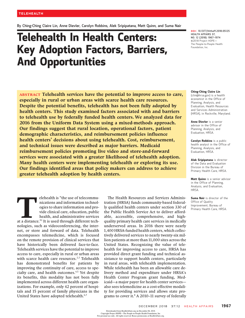 PDF) Telehealth In Health Centers: Key Adoption Factors