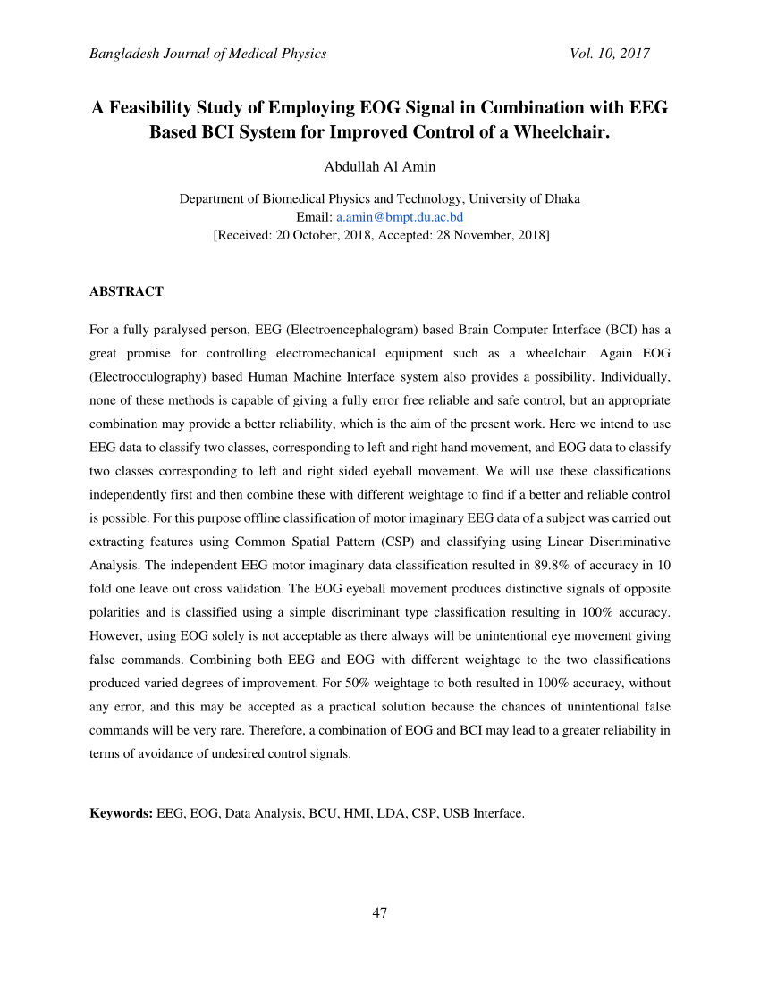 Pdf A Feasibility Study Of Employing Eog Signal In Combination With Eeg Based Bci System For Improved Control Of A Wheelchair