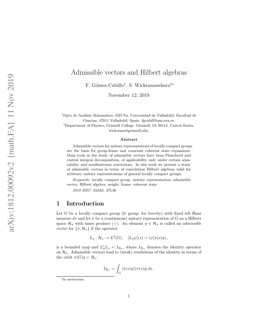 Pdf Admissible Vectors Convolution Hilbert Algebras Idempotents And Weights