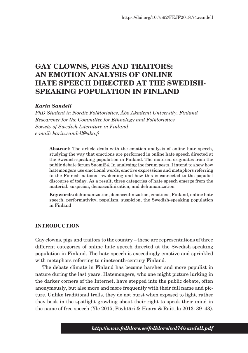PDF) Gay Clowns, Pigs and Traitors: An Emotion Analysis of Online Hate  Speech Directed at the Swedish-Speaking Population in Finland