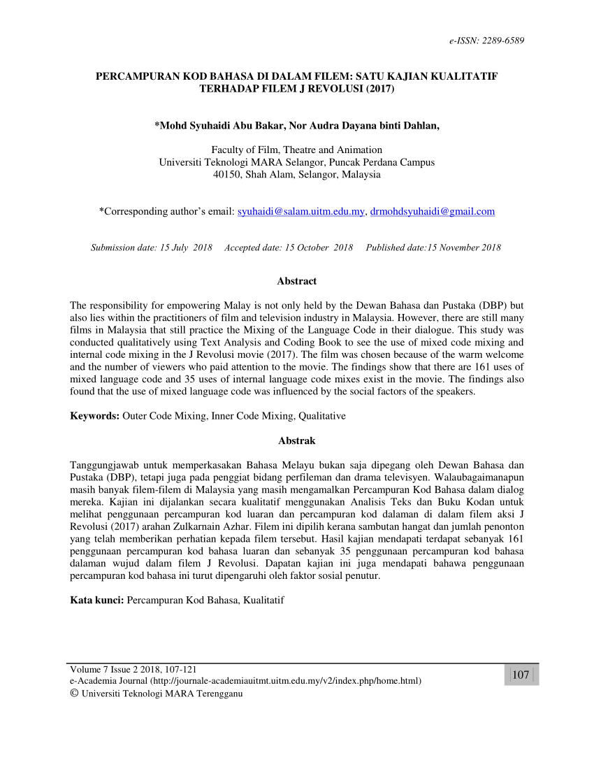 PDF) PERCAMPURAN KOD BAHASA DI DALAM FILEM: SATU KAJIAN KUALITATIF 