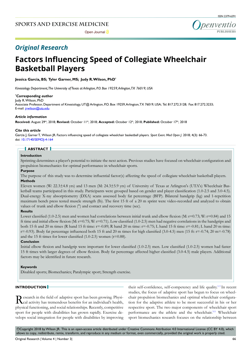 Pdf Factors Influencing Speed Of Collegiate Wheelchair Basketball Players