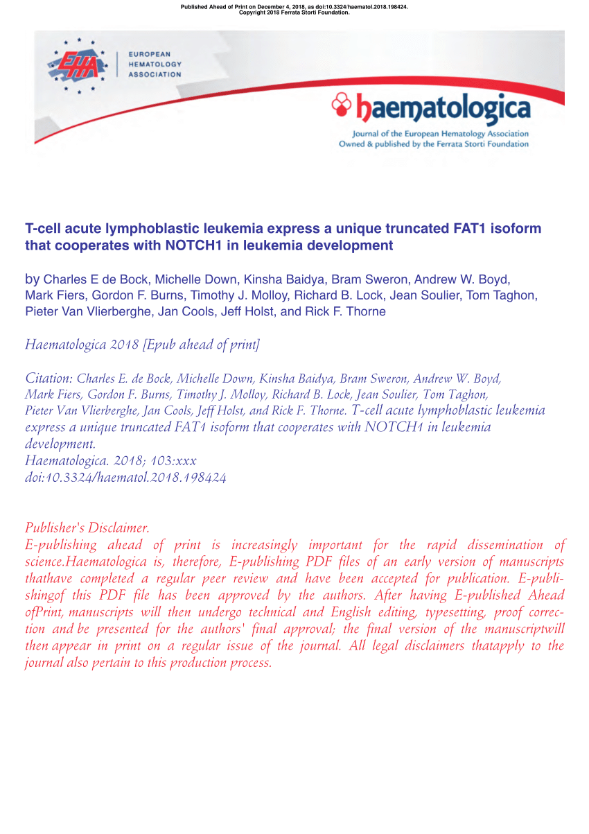 PDF) T-cell acute lymphoblastic leukemia express a unique truncated FAT1  isoform that cooperates with NOTCH1 in leukemia development