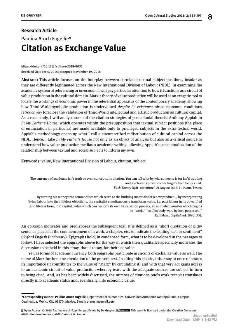 Pdf Citation As Exchange Value